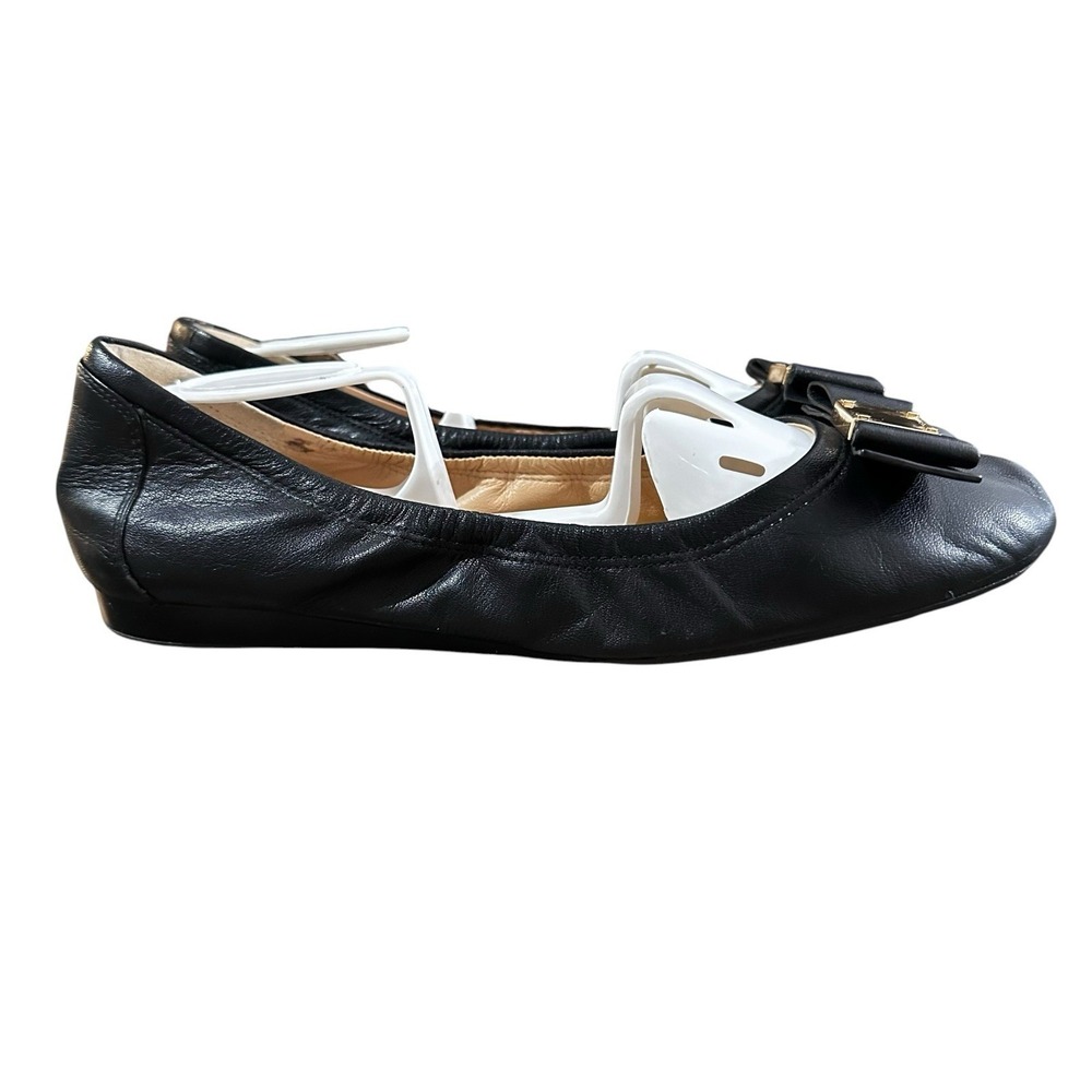 Cole Haan Tali Bow Ballet Flats Gold Square Black Leather Shoes Women's 9.5 B - Picture 2 of 10
